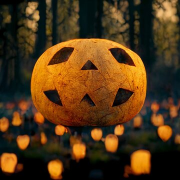 A large orange pumpkin lies on the grass and lanterns burn in the forest