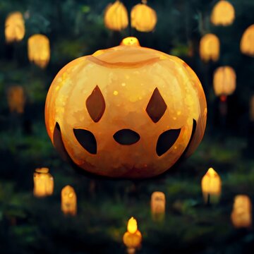 A large orange pumpkin lies on the grass and lanterns burn in the forest