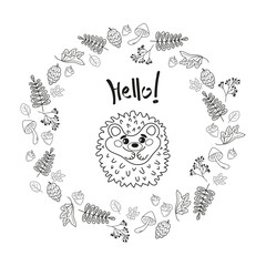 Set of doodle autumn elemetns and hedgehog on white. Cute vector frame for coloring book, greeting card, print.