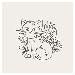 Cat among plants. Cat silhouette. Line vector illustration. 