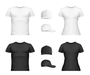 Realistic T shirt Baseball Cap Mockup Icon Set