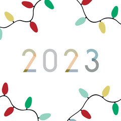 2023 Happy New Year card. Handdrawn number 2023 with garland. New Year holiday symbol. 