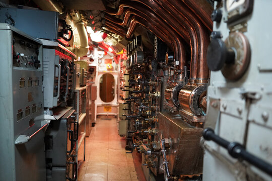 Inside military war submarine warship
