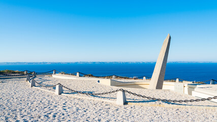The famous memorial of naval aviation at "Cap de la chevre" (Cape of the goat) in Brittany, France, close to the village of Crozon. Atlantic ocean with blue sky on the background.