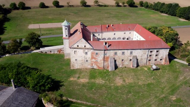 Ancient Jedenspeigen Castle In Austria - aerial drone shot