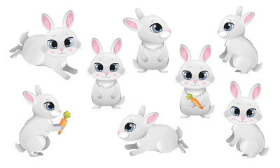 set of cute bunnies in cartoon style vector illustration. Easter bunny. Symbol of the new year 2023. Rabbit on white background. Animal wildlife character. Vector for print, card, invitations 