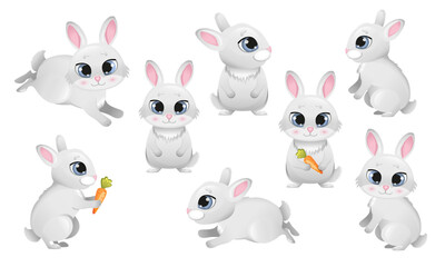 Naklejka premium set of cute bunnies in cartoon style vector illustration. Easter bunny. Symbol of the new year 2023. Rabbit on white background. Animal wildlife character. Vector for print, card, invitations 