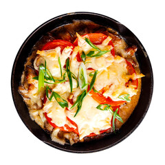 Pan of savory casserole with tomatoes and cheese