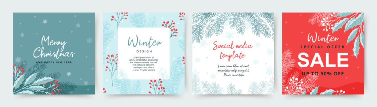 Winter holidays square templates.Christmas social media post with christmas tree, snowflakes and red berries.Vector illustration for mobile apps, banner design and web ads, greeting cards, sale