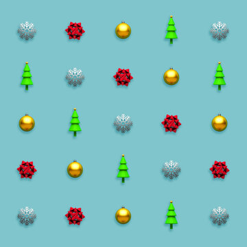 Trendy Christmas seamless pattern made with various winter and holiday objects on retro blue background. Minimal Christmas concept.

