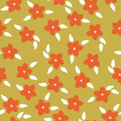 Simple vintage pattern. orange  flowers. white leaves . gold  background. Fashionable print for textiles and wallpaper.