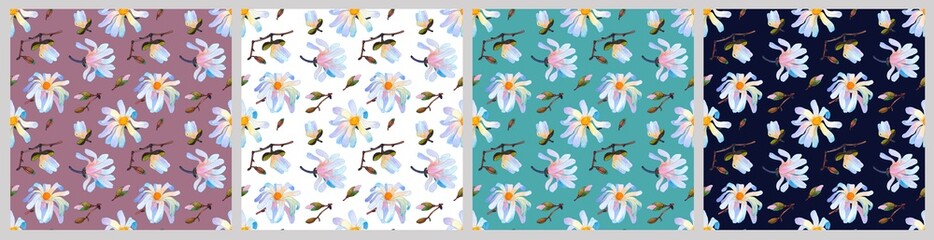 Set of watercolor white magnolia seamless patterns, hand painted nature elements, decorative botanical floral illustrations