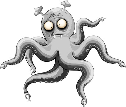 Octopus Alien Monster Halloween Creepy Cute and Funny Cartoon Character isolated on transparent background 
