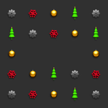 Trendy Christmas seamless pattern made with various winter and holiday objects on dark background with copy space. Minimal Christmas concept.
