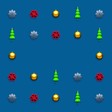 Trendy Christmas seamless pattern made with various winter and holiday objects on blue background with copy space. Minimal Christmas concept.
