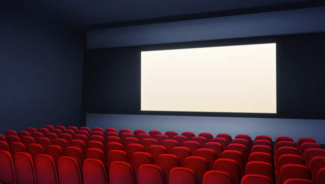 Cinema theater. Empty with red seats, and a blank screen. 3D graphics render, movies concept template. A backgrand with copy space for text
