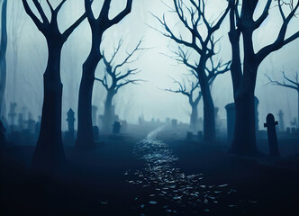 Path between trees and graveyard, Halloween