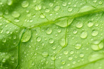 Water drops close-up macro on fresh lettuce leaves texture. Selective focus, vegetable background