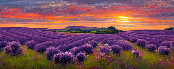 vivid purple blooming lavender field in summer at sun