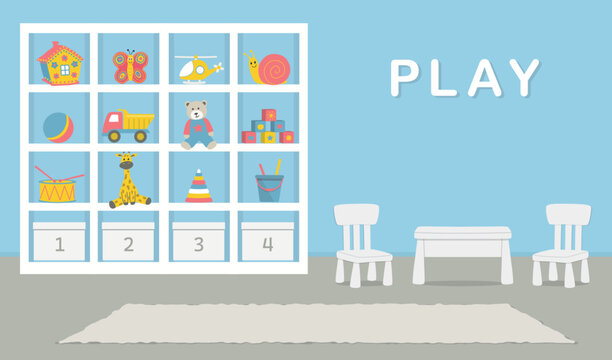 Playroom interior. Kid's room in a blue color. There is a cabinet with toys, a table, two chairs in the picture. Vector illustration