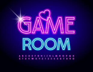 Vector colorful banner Game Room. Modern Neon Font. Glowing set of Alphabet Letters and Numbers