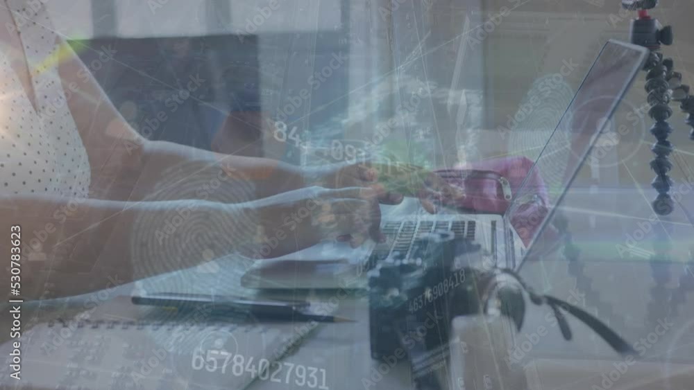Poster animation of data processing and network of connections over caucasian woman using laptop