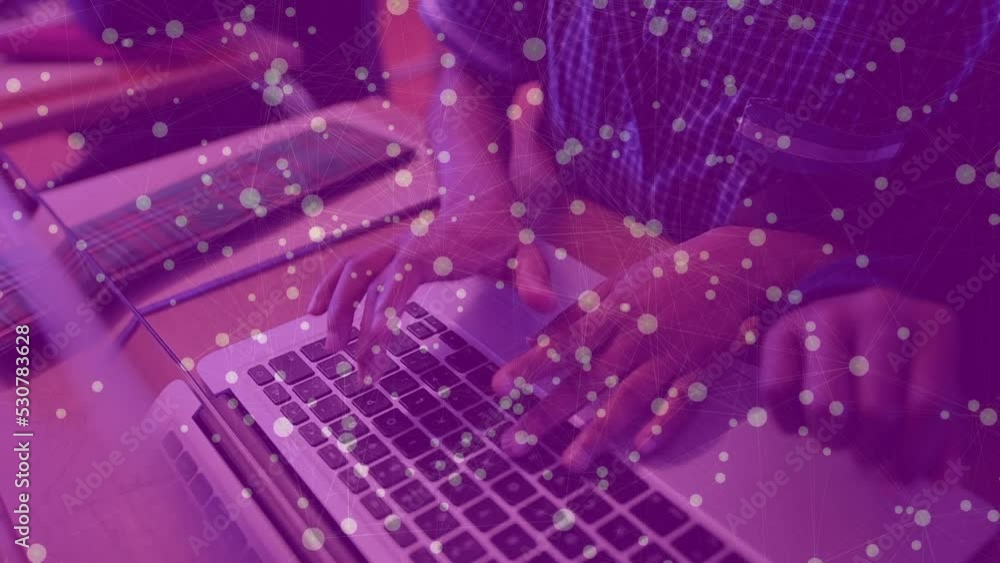 Poster animation of network of connections with icons over diverse schoolchildren using laptops