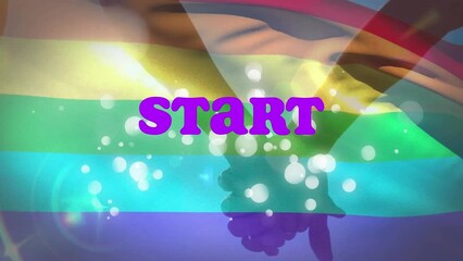 Animation of start text over lgbt flag and people holding hands - Powered by Adobe