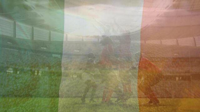 Animation of flag of italy over diverse rugby players at stadium