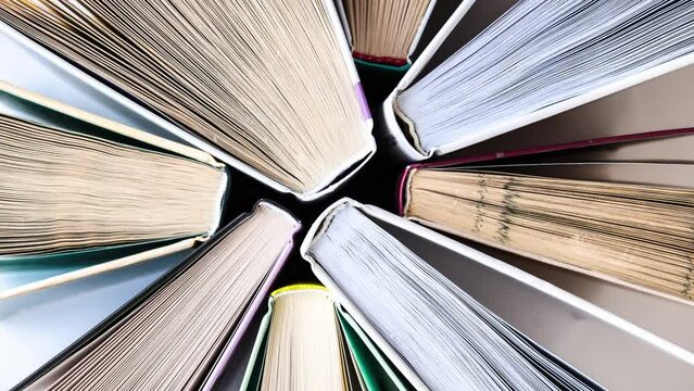 4k zoom in out Stack of old book education concept background, many books piles with copy space for text, Book tops, Old and used hardcover books, top view. Educational concept. Close up