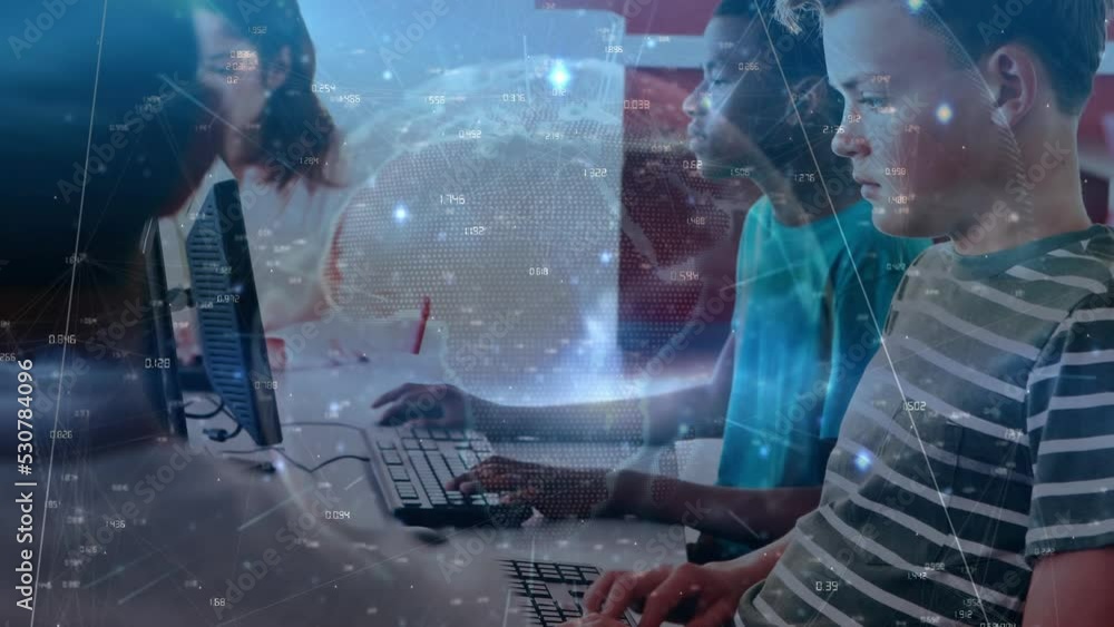 Poster animation of network of connections and globe over diverse students using computers