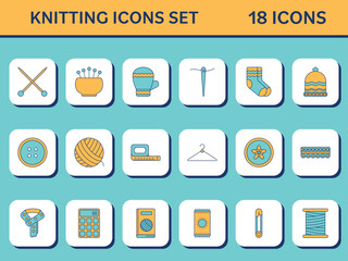 Orange And Turquoise Color Set Of Knitting Icons In Square Background.
