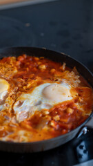 Breakfast restaurant kitchen with eggs. Homemade stew.
