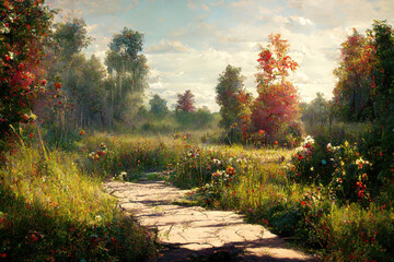 Stone path as hiking trail through meadow with flowers - obrazy, fototapety, plakaty