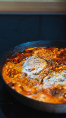 Breakfast restaurant kitchen with eggs. Homemade stew.