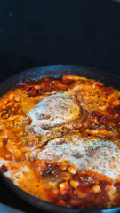 Breakfast restaurant kitchen with eggs. Homemade stew.