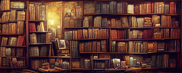 Fototapeta Old library or bookshop with many books on shelves obraz
