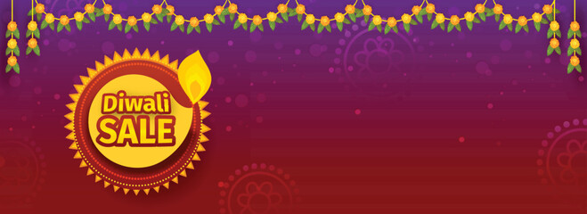 Indian Light Festival, Diwali Sale Header or Banner with Creative Oil Lit Lamp, Merigold Garlands on Shiny Gradiant Background with Space for Your Message.