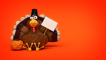 Clay Thanksgiving Turkey holding up sign for you to customize with copy space. 3D illustration render in 8k.
