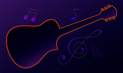 Acoustic guitar on a black background linear neon pattern illustration.