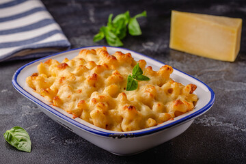 American mac and cheese, macaroni pasta in cheesy sauce