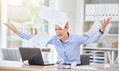 Woman, laptop and stress with flying paper, anxiety and burnout with 404 technology glitch in a business office. Angry, frustrated worker and shouting employee with target audience research documents