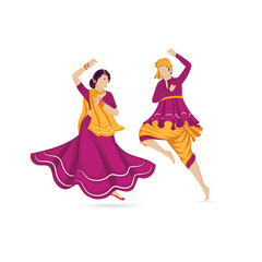 Faceless Indian Couple Playing Dandiya In Traditional Attire On White Background.