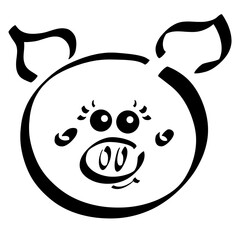 Obraz premium round head of little cute pig, black character on white background