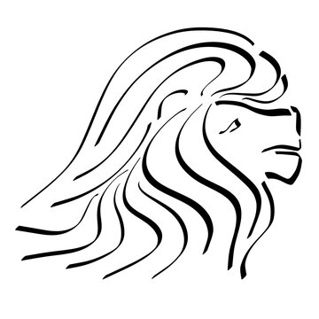 lion head with stylish mane hairstyle, black outline on a white background