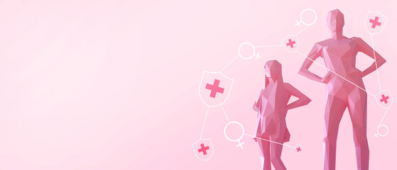 Naklejka na ściany i meble Women's Day poster with Women and health care. Women's ideas and exercise concepts on a pastel pink background. banner, copy space, website -3d Rendering