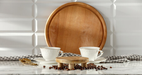 Coffee on the table in the morning and the rays of the sun with a free space