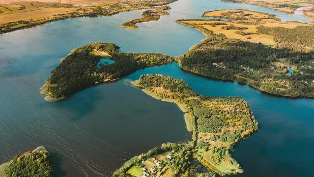 Belarus Nature Timelapse Dronelapse Hyperlapse 4K Aerial View Of Islands On Lakes In Summer Morning. Lepel Lake. Top View Of European Nature From High Attitude In Lyepyel, Lepel Lake, Beloozerny