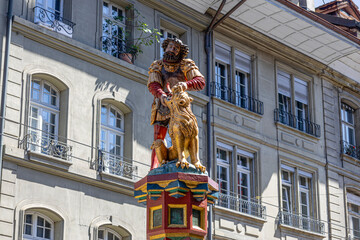 View of Samson Fountain. It is part of the allegorical fountains of medieval origin in Bern,...