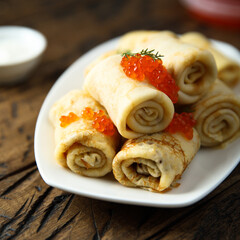 Traditional homemade crepes with red caviar